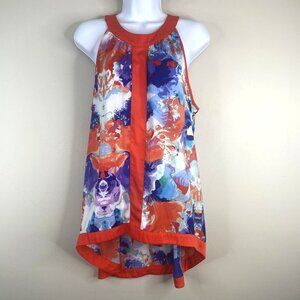 Nicole Miller Satin Top Womens Large Watercolor Floral Halter Tunic Going Out